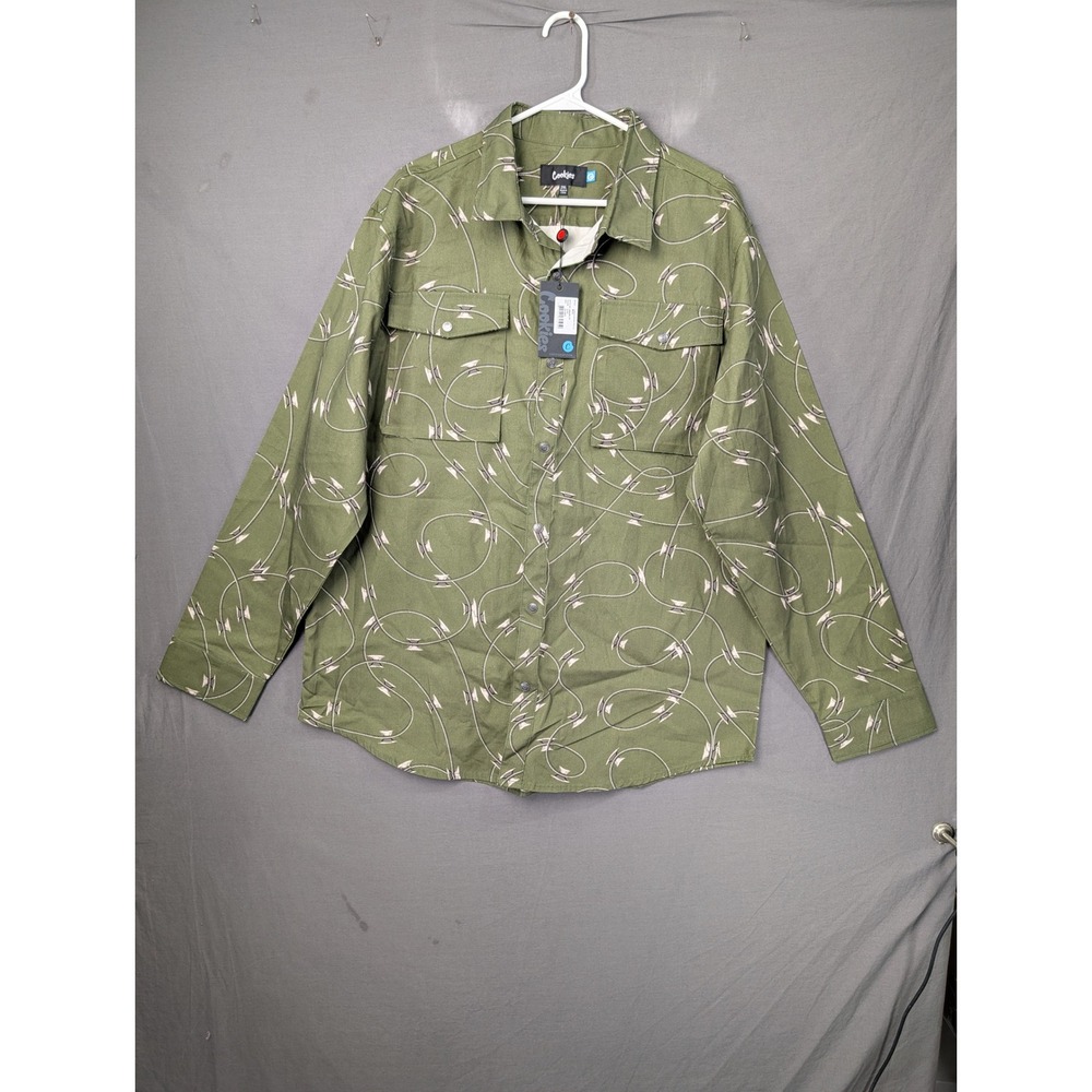 Cookies Mens Barbed Wire Print Button Down Shirt Green XL Streetwear Long Sleeve